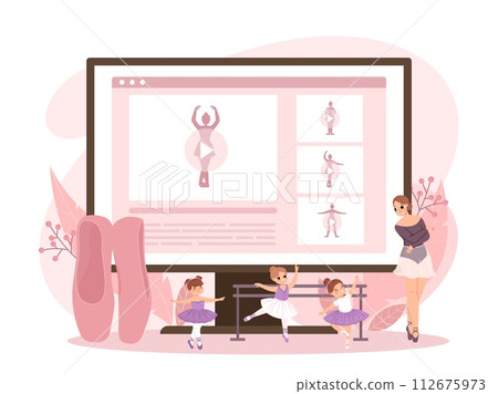 Online ballet class. Cute little girls study dance, classic theatre teacher and students. Ballerina tutorial or courses for kids, snugly vector scene 112675973