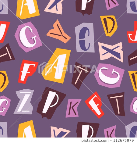 Hard rock letters. Blackletter or cut newspaper criminal alphabetic elements. Abstract funny fabric print design. Decorative neoteric vector background 112675979