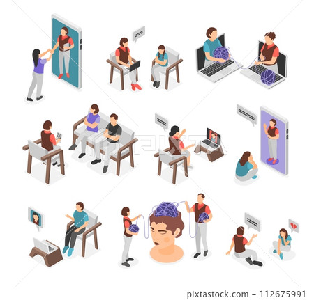 Psychotherapy session. Professional help in family relationship. Mind cleaning, depression or mental problems. Online consulting, flawless vector set 112675991