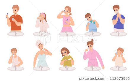 People brushing teeth. Morning personal hygiene procedures in bathroom. Adults and children clean tooth and wash face, snugly vector scenes 112675995