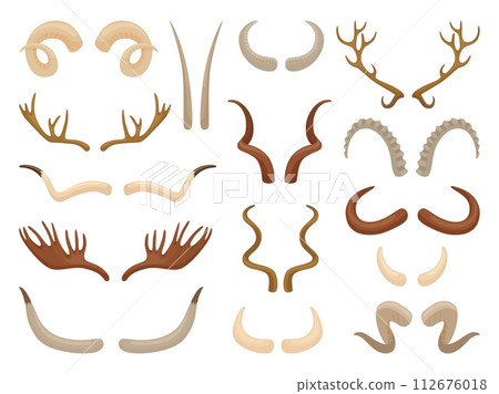 Cartoon horns set. Isolated animal horn, antlers of reindeer, antelope, deer and moose. Decorative wildlife animals hunters trophies neoteric vector clipart Cartoon horns set. Isolated animal horn, antlers of reindeer, antelope, deer and moose. Decorative wildlife animals hunters trophies neoteric vector clipart 112676018