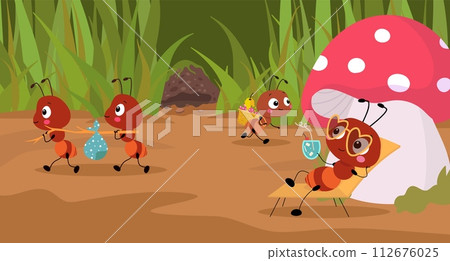 Cartoon ants working. Forest ant activity, moving and working or relaxing. Wildlife childish book or banner illustration with funny nowaday vector insects 112676025