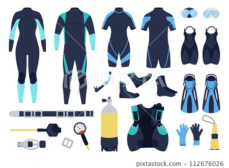 Diving elements. Scuba divers costumes, underwater swimming tools and equipment. Suits, water shoes, oxygen balloon, masks, decent vector icons 112676026
