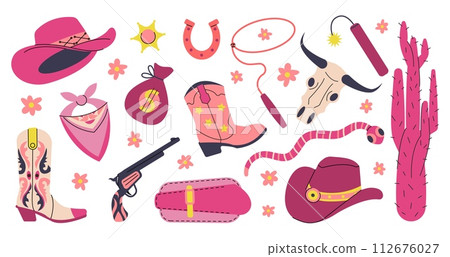 Cowgirl accessories set. Cowboy pink hats, boots and weapon. Decorative cactus, bandana and wild west buffalo skull. Rodeo decent vector clipart Cowgirl accessories set. Cowboy pink hats, boots and weapon. Decorative cactus, bandana and wild west buffalo skull. Rodeo decent vector clipart 112676027