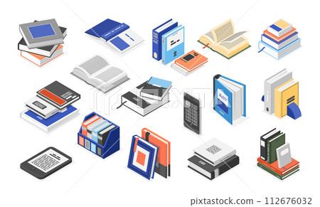 Isometric library books. Digital and paper book, reading and learning elements. Education, literature and training. Bookstore or school flawless vector set 112676032