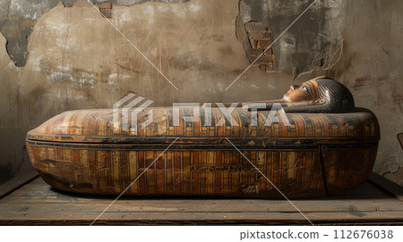 Ancient Egyptian sarcophagus in tomb, old stone grungy room in Egypt. Theme of pharaoh, king, antique, mummy and culture. Ancient Egyptian sarcophagus in tomb, old stone grungy room in Egypt. Theme of pharaoh, king, antique, mummy and culture. 112676038