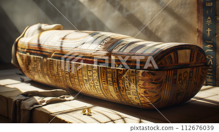 Ancient Egyptian sarcophagus in old tomb, stone grungy room in Egypt. Theme of pharaoh, king, antique, history, mummy 112676039