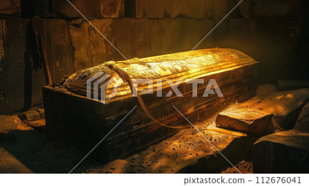 Ancient Egyptian sarcophagus in old tomb, stone grungy room in Egypt. Theme of pharaoh, antique, history, gold, mummy and culture. 112676041