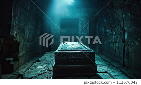 Ancient Egyptian tomb, old sarcophagus in dark stone underground room in Egypt. Theme of pharaoh, antique, history, mummy, grave 112676042