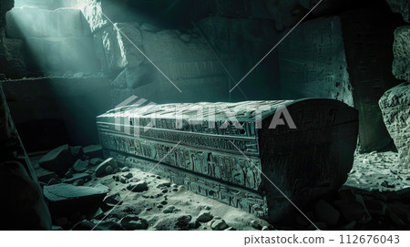 Ancient Egyptian tomb, old sarcophagus in dark stone underground room in Egypt. Theme of pharaoh, antique, mummy, grave and culture. 112676043