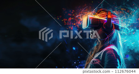 Girl uses VR glasses on dark studio background, young woman wearing futuristic headset. Theme of technology, virtual reality, light, cyberpunk, future 112676044