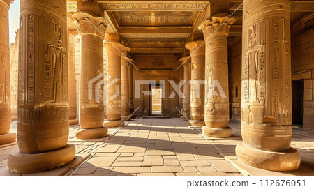 Ancient Egyptian temple interior, luxury columns inside old stone building in Egypt. Theme of pharaoh, civilization, travel, hall, tomb 112676051