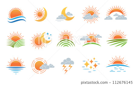 Rising sun. Stars moon and setting sun in clouds recent vector symbols of day and night 112676145