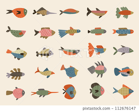 Exotic fish. Marine underwater life recent vector stylized illustrations with fishes Exotic fish. Marine underwater life recent vector stylized illustrations with fishes 112676147