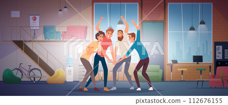 Business team. Group of successful office managers hugging exact vector cartoon background illustration in cartoon style 112676155