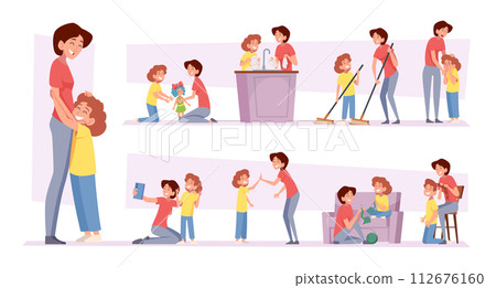 Happy mom. Family love and unity mother and daughter exact vector girls friendship concept pictures in cartoon style Happy mom. Family love and unity mother and daughter exact vector girls friendship concept pictures in cartoon style 112676160