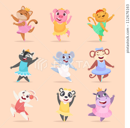 Ballet animals. Cute dancers in ballerina dresses exact vector funny animals in action poses Ballet animals. Cute dancers in ballerina dresses exact vector funny animals in action poses 112676163