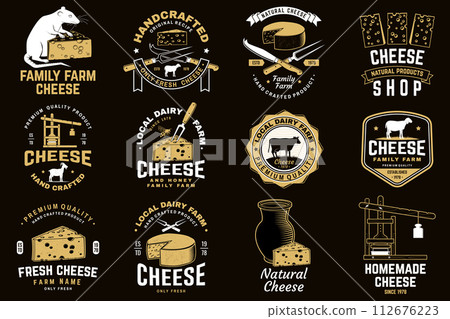 Cheese family farm badge design. Template for logo, branding design with block cheese, sheep lacaune on the grass, fork, knife for cheese, cow, cheese press. Vector illustration. Hand crafted product Cheese family farm badge design. Template for logo, branding design with block cheese, sheep lacaune on the grass, fork, knife for cheese, cow, cheese press. Vector illustration. Hand crafted product 112676223
