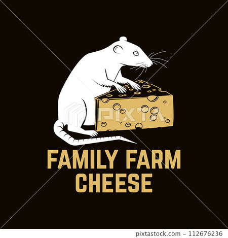 Family farm cheese badge design. Template for logo, branding design with triangle block cheese and rat, mouse. Vector illustration. Hand crafted product cheese Family farm cheese badge design. Template for logo, branding design with triangle block cheese and rat, mouse. Vector illustration. Hand crafted product cheese 112676236