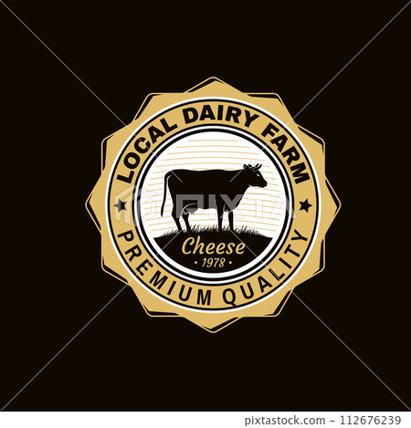 Local dairy farm badge design. Template for logo, branding design with cow on the grass. Vector illustration. Hand crafted product cheese 112676239