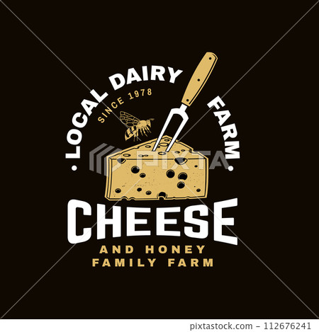 Local dairy farm badge design. Template for logo, branding design with block cheese, fork for cheese and bee. Vector illustration. Cheese and honey family farm. 112676241