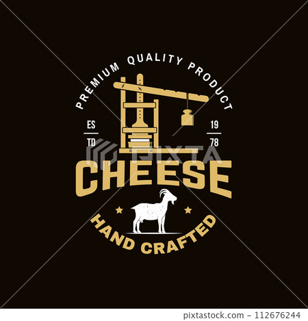 Cheese family farm poster design. Template for logo, branding design with block cheese, jug of milk, fork, knife for cheese. Vector illustration. Hand crafted product cheese 112676244