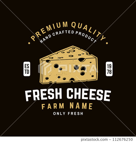 Fresh cheese badge design. Template for logo, branding design with triangle block cheese . Vector illustration. 112676250