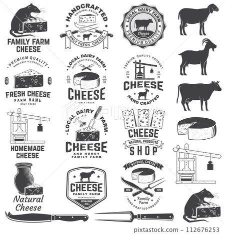 Cheese family farm badge design. Template for logo, branding design with block cheese, sheep lacaune on the grass, fork, knife for cheese, cow, cheese press. Vector illustration. Hand crafted product 112676253