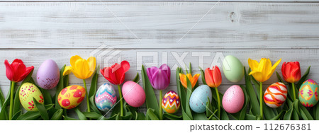 Easter style decoration banner. Coloured eggs and coloured tulips on light grey wooden background. Holiday celebration greeting card. Copy space. Generative AI 112676381