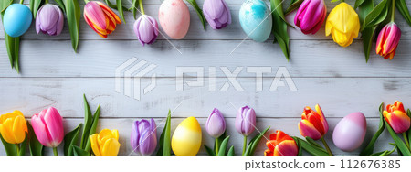 Coloured eggs and coloured tulips on light grey wooden background. Easter style decoration banner. Holiday celebration greeting card. Copy space. Generative AI 112676385