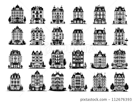 AI-generated content. Hotels facades multi storey classic buildings ink sketch style vector set. Tourist architecture accommodation, black monochrome illustrations isolated on white background 112676393