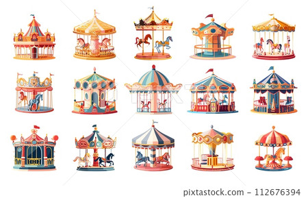 AI-generated content. Horses carousels attractions cartoon style vector set. Circus equipment entertainment elements illustrations isolated on white background 112676394