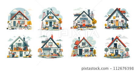AI-generated content. Home repair cartoon vector concepts. Countryside cottage restoration scenes, scaffolding paint brushes hammer saw nails screwdriver tools, building decoration vector illustration 112676398
