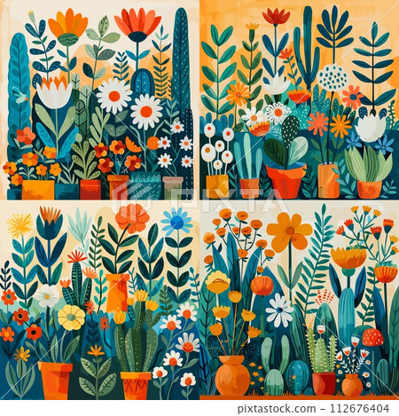 AI-generated content. Home garden indoor plants pots cactus flowers cartoon style vector collection. Stylized botany collection bright color illustrations 112676404