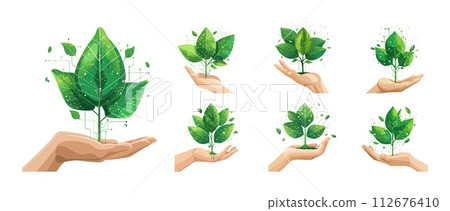 AI-generated content. Hand with plant cartoon style eco concept vector set. Growing young green leafs tree, ecological clean power energy future illustration isolated on white background 112676410