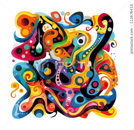 AI-generated content. Geometry shapes miro art colorful abstract background. Chaotic vibrant bright illustration isolated on white background 112676418