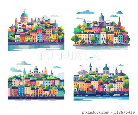 AI-generated content. Dublin city view set. Colour minimal flat ireland building craft city panorama collection, simple cartoon cityscapes vector illustration 112676439