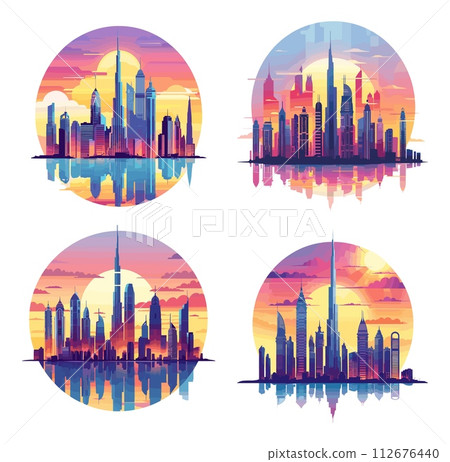 AI-generated content. Dubai cityscape scenic cartoon vector set. Arabian hightower skyscrapers modern business megapolis architecture skylines illustrations isolated on white background AI-generated content. Dubai cityscape scenic cartoon vector set. Arabian hightower skyscrapers modern business megapolis architecture skylines illustrations isolated on white background 112676440