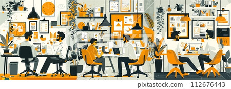AI-generated content. Coworking creative process scenes cartoon vector collection. Characters working together with laptops and charts in modern office room plants stylish workspace interior 112676443