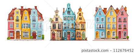 AI-generated content. Buildings multi apartment old classic facades, cartoon vector set. Retro architecture vintage residential multi storey houses, color illustrations isolated on white background 112676452