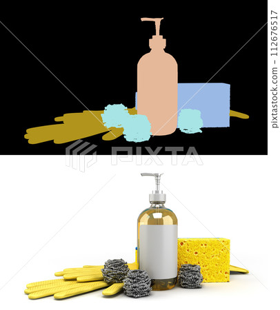 set of utensils for washing dishes 3d render on wwite with colored alpha 112676517