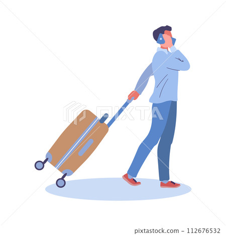 A young man walks with luggage and talks on the phone. Yellow bag on wheels. Hand graw Isolated cartoon. Flat vector illustration 112676532