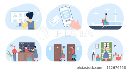 Booking hotel step by step. Woman book room for travel online with smartphone or computer app. Payment and check-in, recent vector flat scenes 112676538