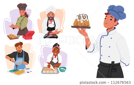 Confectioners Characters, Skilled Artisans Who Specialize In Crafting Sweet Treats Such As Candies, Chocolates, Pastries Confectioners Characters, Skilled Artisans Who Specialize In Crafting Sweet Treats Such As Candies, Chocolates, Pastries 112676563