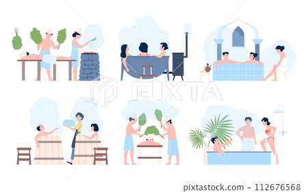 Relaxation in sauna. Hammam or steam room. Men and women resting in bath tube. Wellness spa and finnish bathhouse, flat recent vector scenes Relaxation in sauna. Hammam or steam room. Men and women resting in bath tube. Wellness spa and finnish bathhouse, flat recent vector scenes 112676568