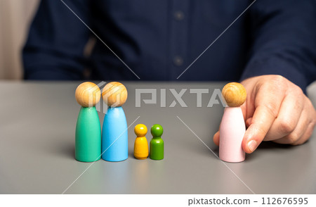 Conceptual image of a same-sex marriage family consisting of two men. Choosing LGBT as a lifestyle. Against heterosexual marriage. Wooden figures of people. Conceptual image of a same-sex marriage family consisting of two men. Choosing LGBT as a lifestyle. Against heterosexual marriage. Wooden figures of people. 112676595