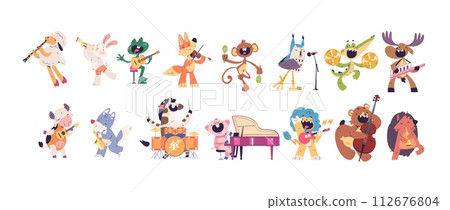 Animal musicians. Animals funny musician playing music instruments celebration party, lion with guitar zebra dance comic pig celebrating concert, cartoon classy vector illustration Animal musicians. Animals funny musician playing music instruments celebration party, lion with guitar zebra dance comic pig celebrating concert, cartoon classy vector illustration 112676804
