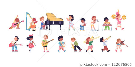 Kid musician characters. Children playing instruments, young orchestra band music lesson, fun kids play sing drums violin percussion Kid musician characters. Children playing instruments, young orchestra band music lesson, fun kids play sing drums violin percussion 112676805