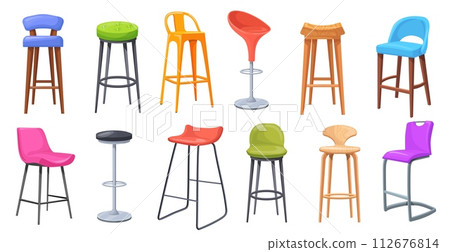 Bar stools. Tall stool, standing high seat for bar club or office store, modern vintage wooden chairs restaurant bistro kitchen studio furniture, cartoon neat vector illustration Bar stools. Tall stool, standing high seat for bar club or office store, modern vintage wooden chairs restaurant bistro kitchen studio furniture, cartoon neat vector illustration 112676814