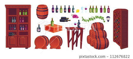 Cartoon wine cellar. Winery basement interior elements, wooden rack full shelving champagne bottles, barrels vine alcohol drink wood keg for farm vineyard room vector illustration 112676822